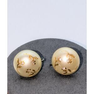 Vintage 50s Dome Faux Pearl Gold Flower Rhinestone Center Screw Back Earrings